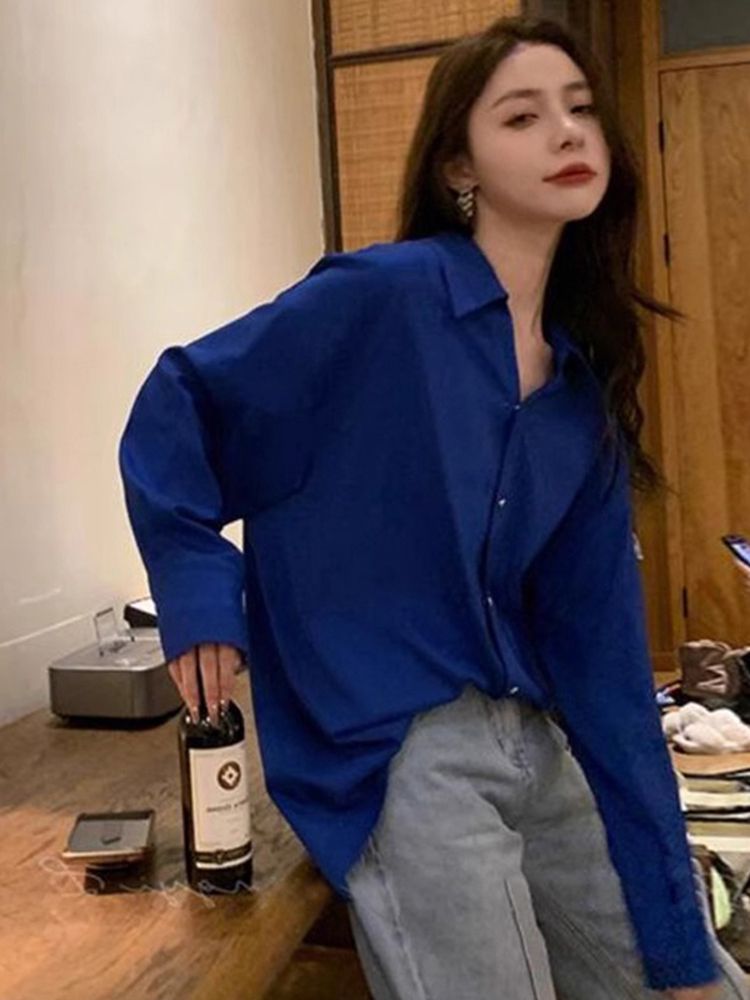 긴팔 소라색 패션 의류 루즈핏 캐주얼 코발트블루셔츠 - 상품 이미지