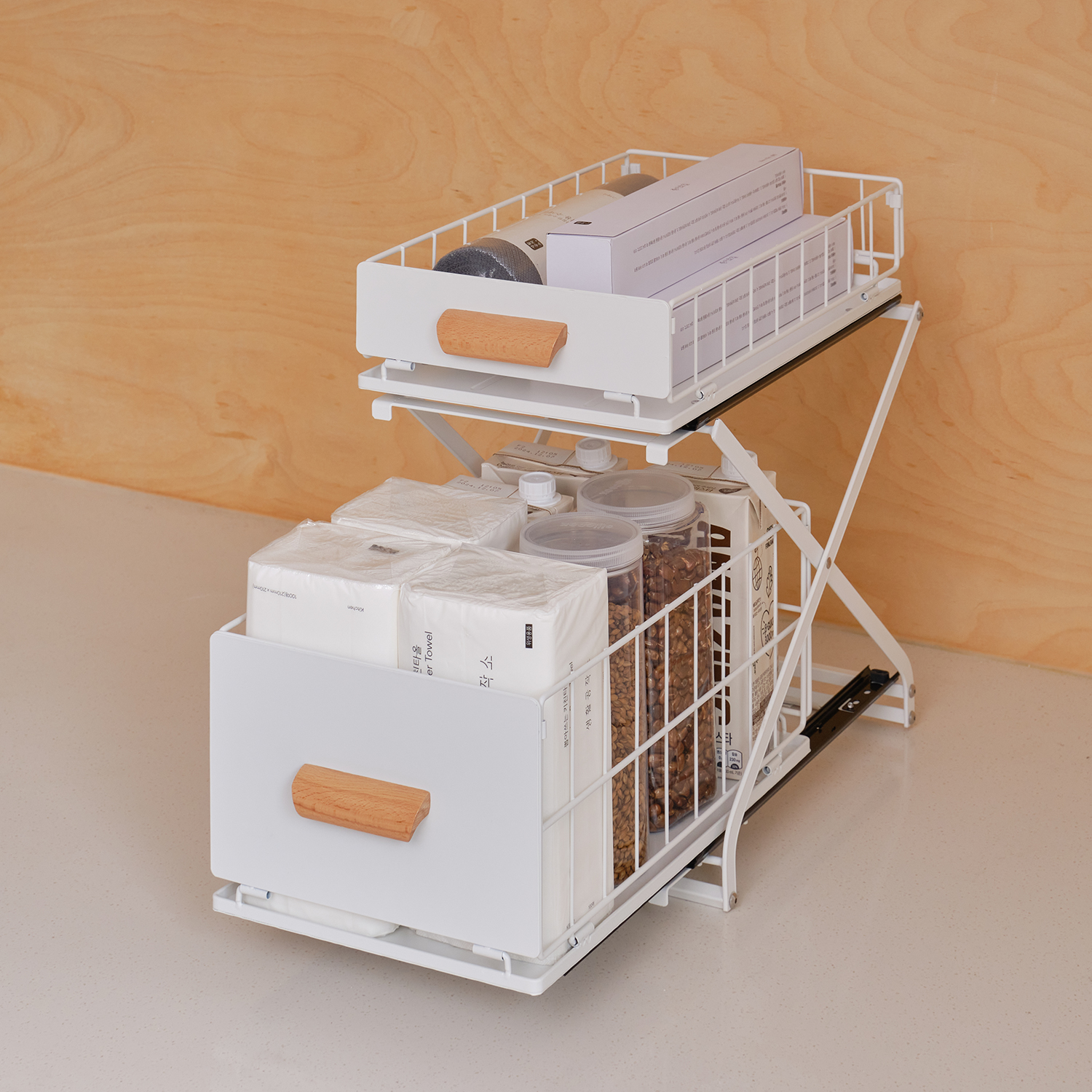 코드리빙 주방 씽크대 레일 하부장 슬라이딩 싱크대 양념통 선반 정리 수납 정리대 STR-2-M1S2WH