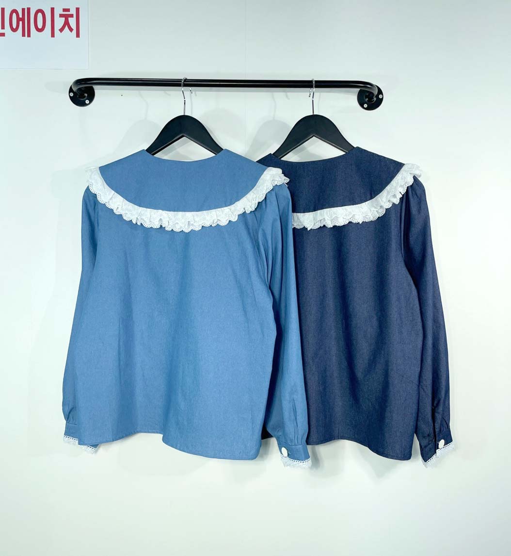 여자여자몰 레이스테이프 펀칭프릴 세라카라 청블라우스 보석단추 데님셔츠 가을 - 상세 이미지 3