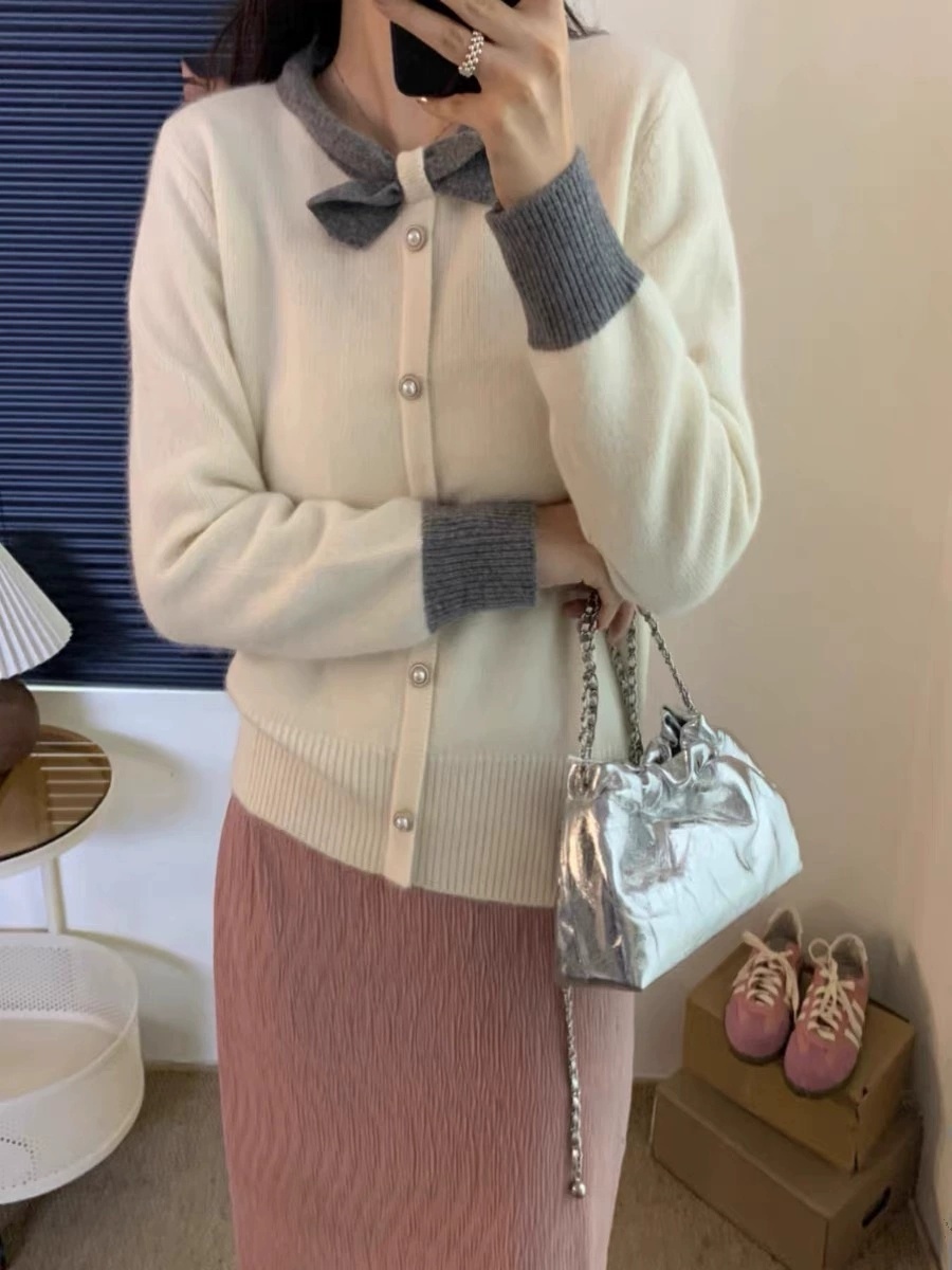 여자여자몰 도톰원단 심플그자체 배색리본고정 무지니트가디건 간절기 데일리아우터 - 상세 이미지 3