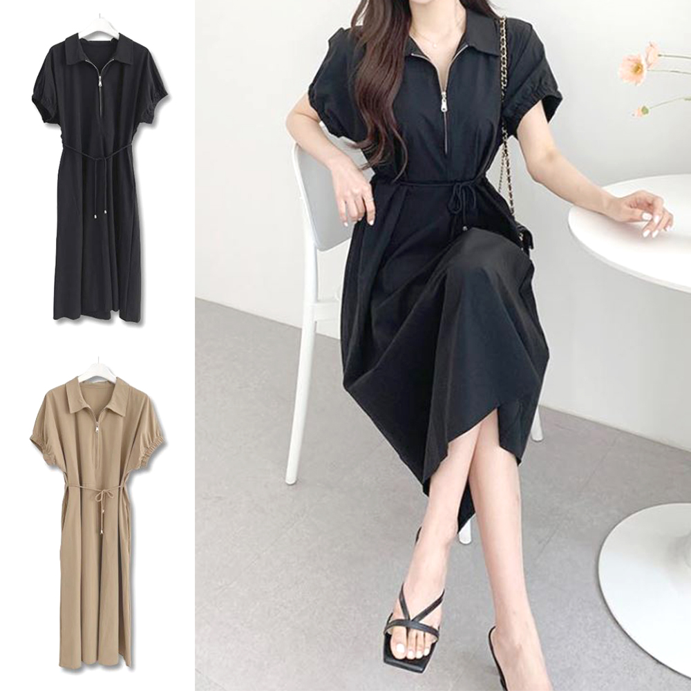 여성 레이스업 원피스 여자 퍼프 데일리 하객룩 외출 패션 - 상품 이미지