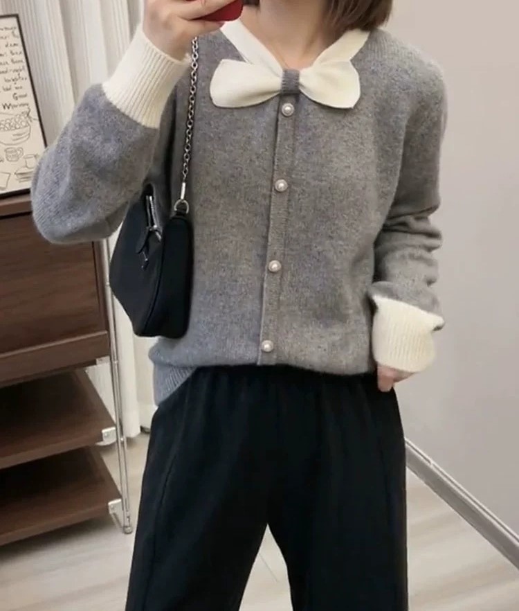 여자여자몰 도톰원단 심플그자체 배색리본고정 무지니트가디건 간절기 데일리아우터 - 상세 이미지 4