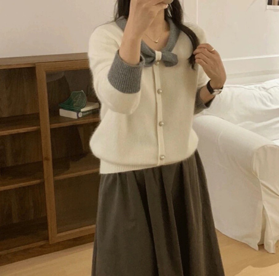 여자여자몰 도톰원단 심플그자체 배색리본고정 무지니트가디건 간절기 데일리아우터 - 상품 이미지