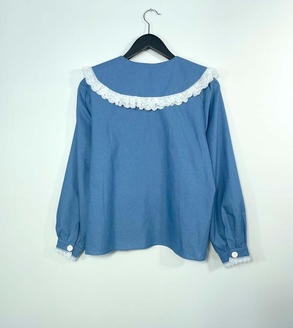 여자여자몰 레이스테이프 펀칭프릴 세라카라 청블라우스 보석단추 데님셔츠 가을 이미지 7