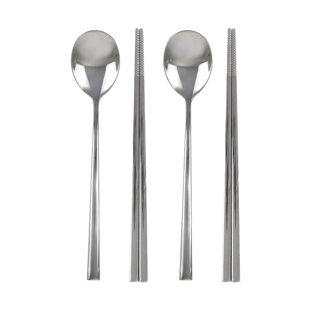 베이직 스텐 304 진공 수저 한식 가정 식당 업소용 사각 저분 숟가락 젓가락 2인 세트 - 상세 이미지 2