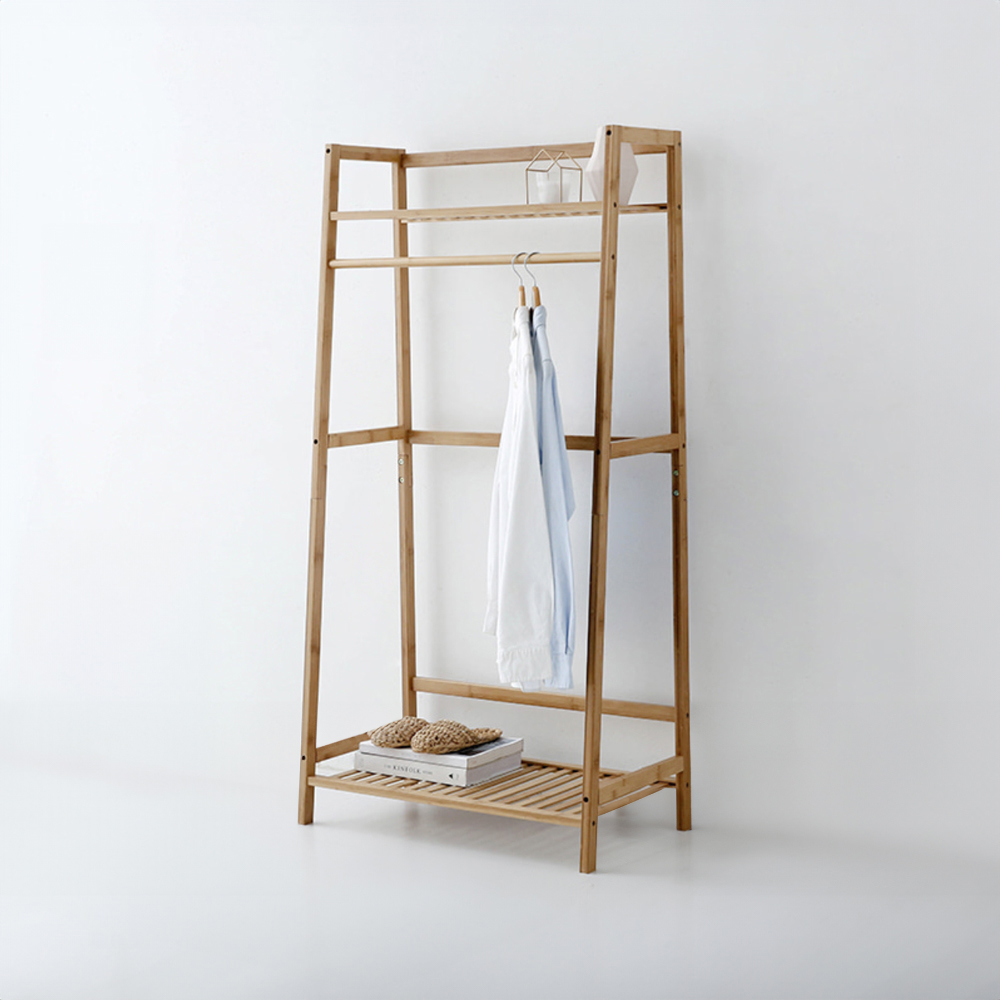 JAWAL 2단 선반행거 대나무 70140 사다리형 + RODNEY 원목 옷걸이