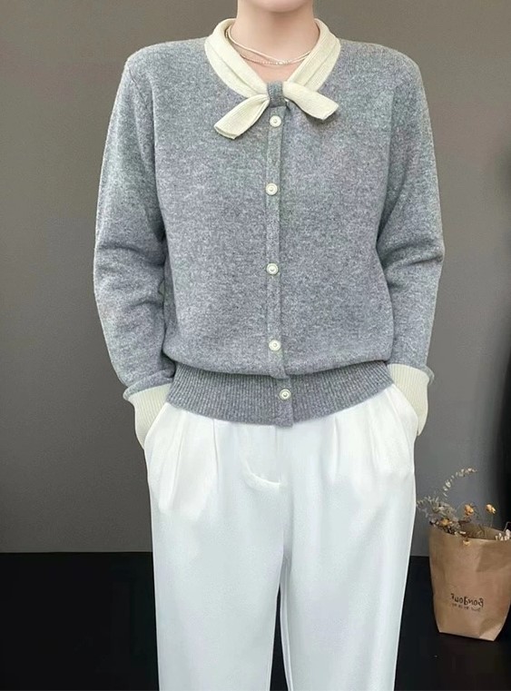 여자여자몰 도톰원단 심플그자체 배색리본고정 무지니트가디건 간절기 데일리아우터 이미지 6