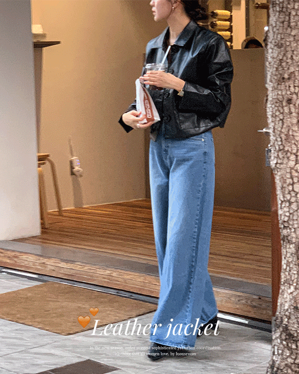 모에뜨 가을 카라넥 여자 간절기 루즈핏 세미 크롭 레더 자켓