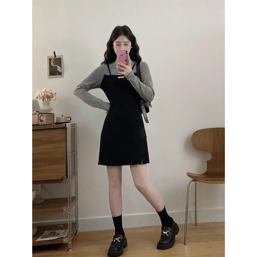 가을 빅사이즈 슬림핏 페이크 레이어링 원피스 - 상세 이미지 5