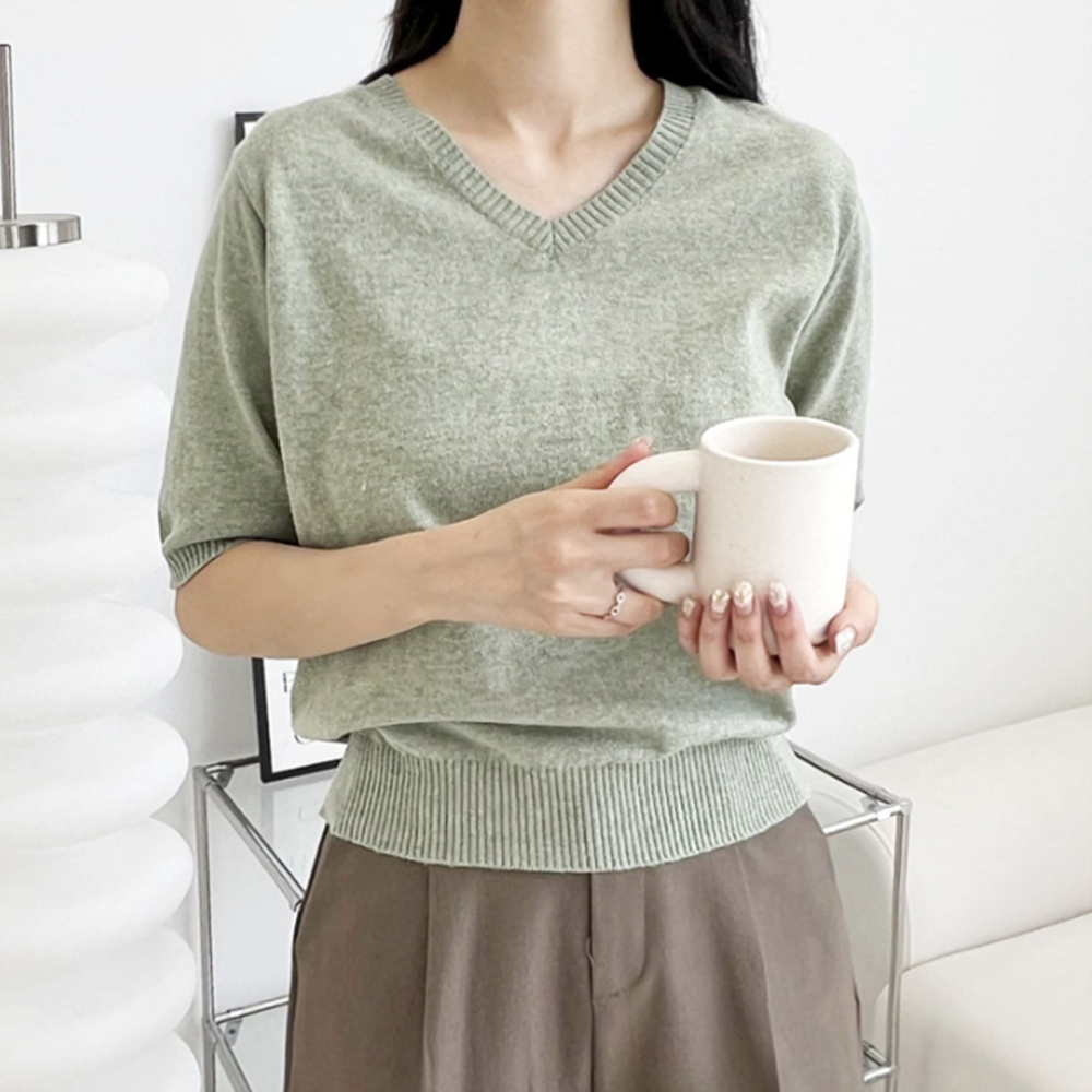 민트색니트 캐시미어 반팔 세미크롭 브이넥 캐시미어 니트