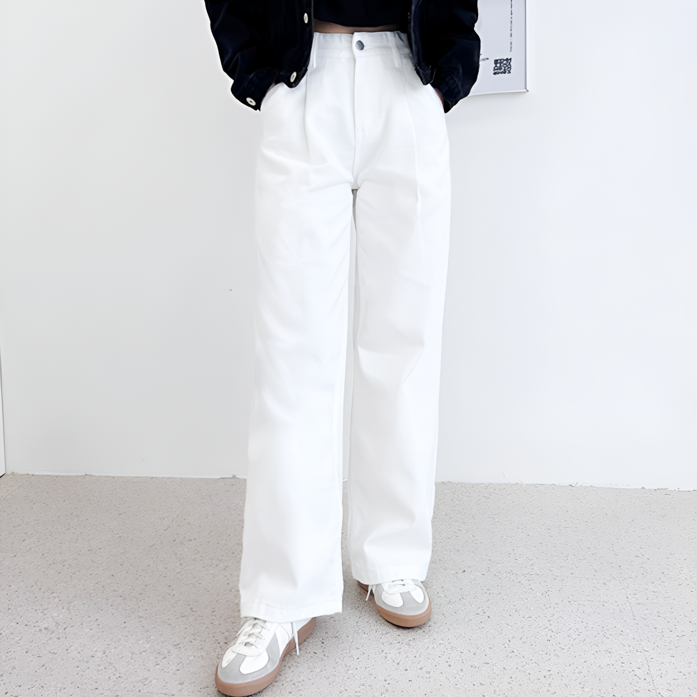 흰색통바지 여성 핀턱 와이드 통넓은 통 면 코튼 팬츠 - 상품 이미지