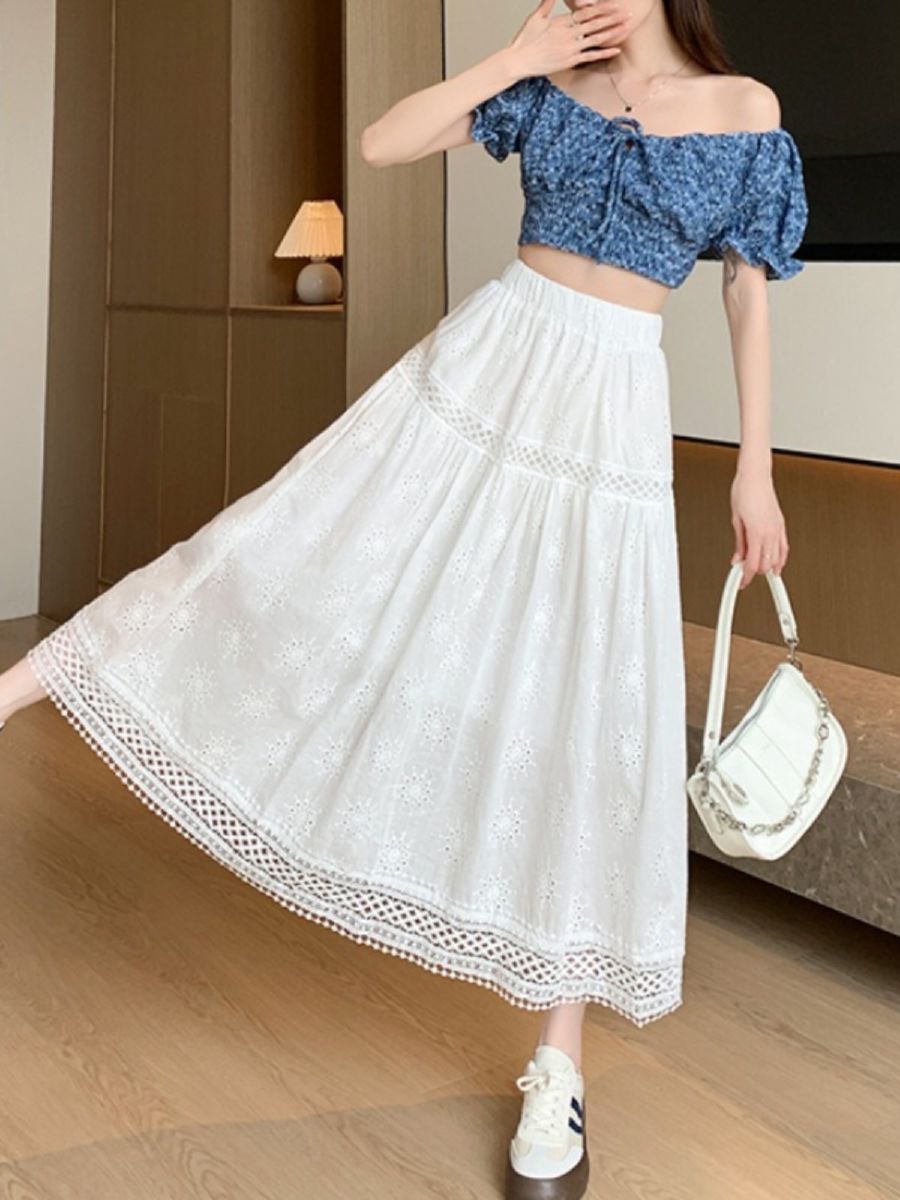 펀칭 롱 라인 치마 스커트 흰색롱스커트 - 상품 이미지