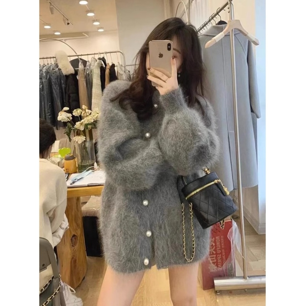 모헤어 앙고라 가디건 펄 진주 단추 여리여리 루즈핏 데이트 가을 겨울 그레이 예쁜 - 상세 이미지 4