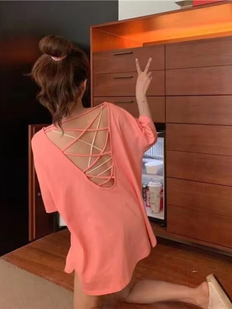 끈 뒷트임티 라운드넥 뒷트임 루즈핏 반전티셔츠 - 상세 이미지 2