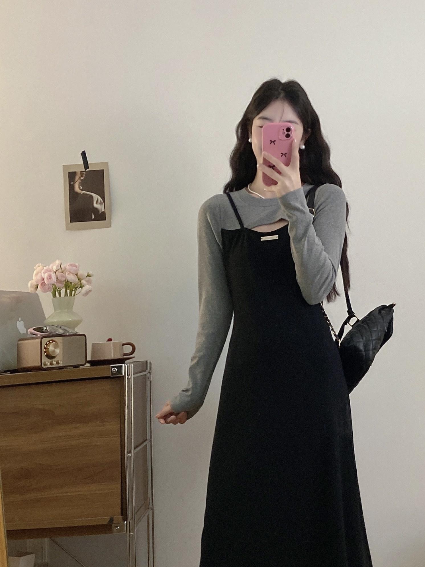 가을 빅사이즈 슬림핏 페이크 레이어링 원피스 - 상세 이미지 3