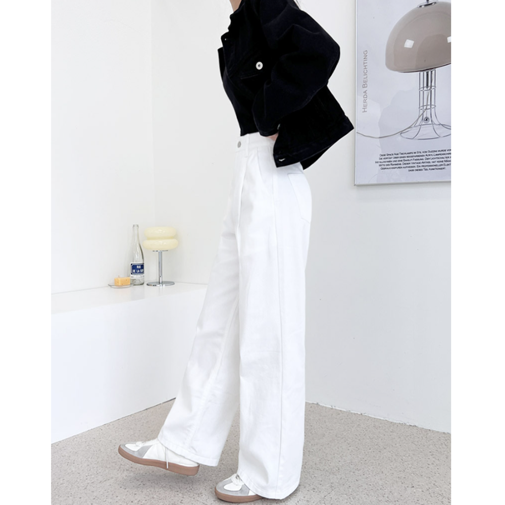 흰색통바지 여성 핀턱 와이드 통넓은 통 면 코튼 팬츠 - 상세 이미지 4
