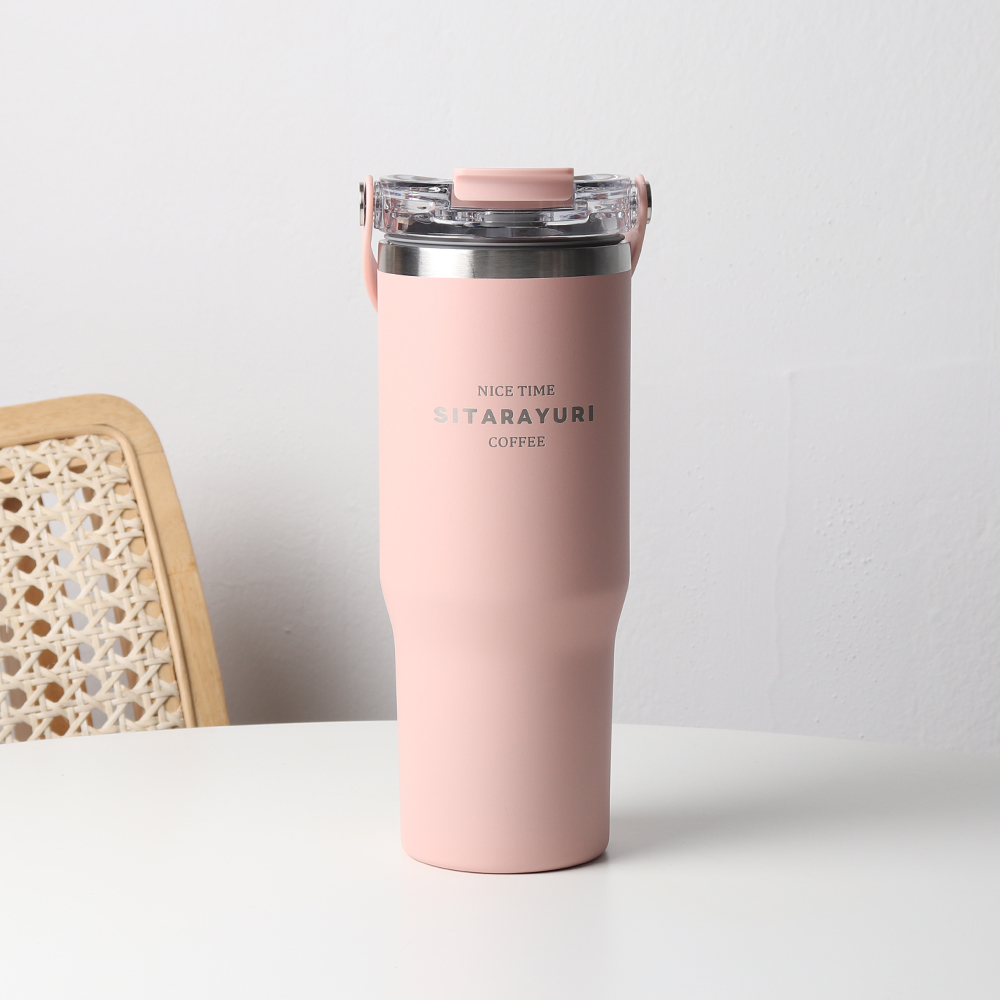 집들이선물 시타라유리 빨대 스텐텀블러 원형손잡이 900ml, 핑크, 1개 - 상품 이미지