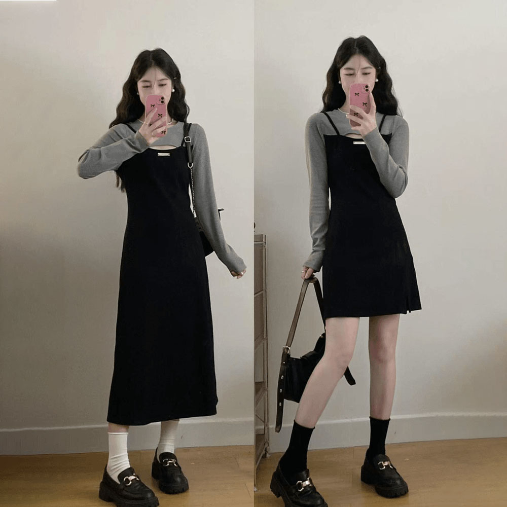 가을 빅사이즈 슬림핏 페이크 레이어링 원피스