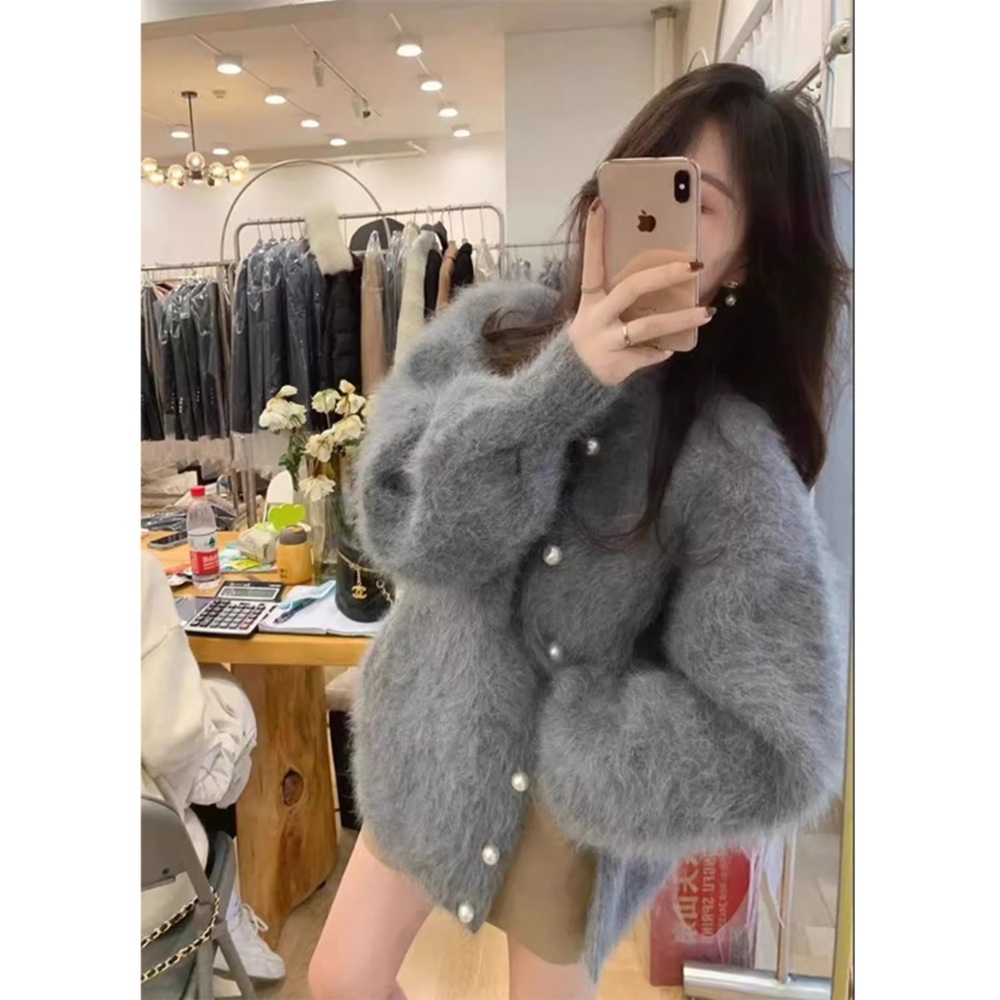 모헤어 앙고라 가디건 펄 진주 단추 여리여리 루즈핏 데이트 가을 겨울 그레이 예쁜 - 상세 이미지 3