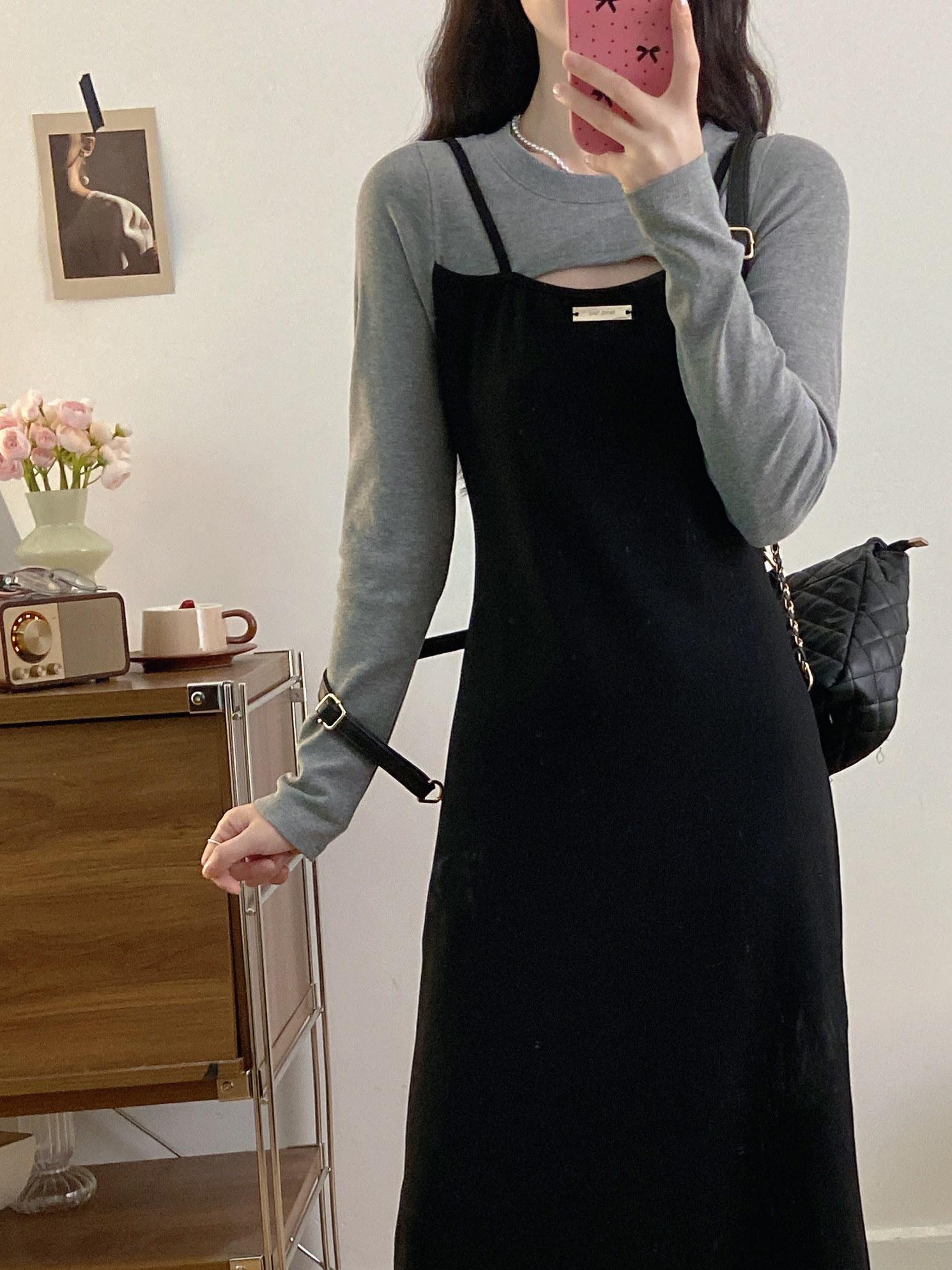가을 빅사이즈 슬림핏 페이크 레이어링 원피스 이미지 7