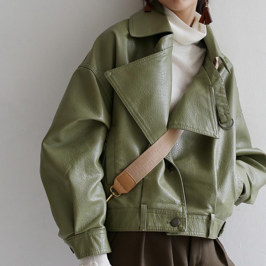 멋퀸 오버핏 고퀄질감 올리브그린 가을 자켓  PU 레더 가죽 숏자켓