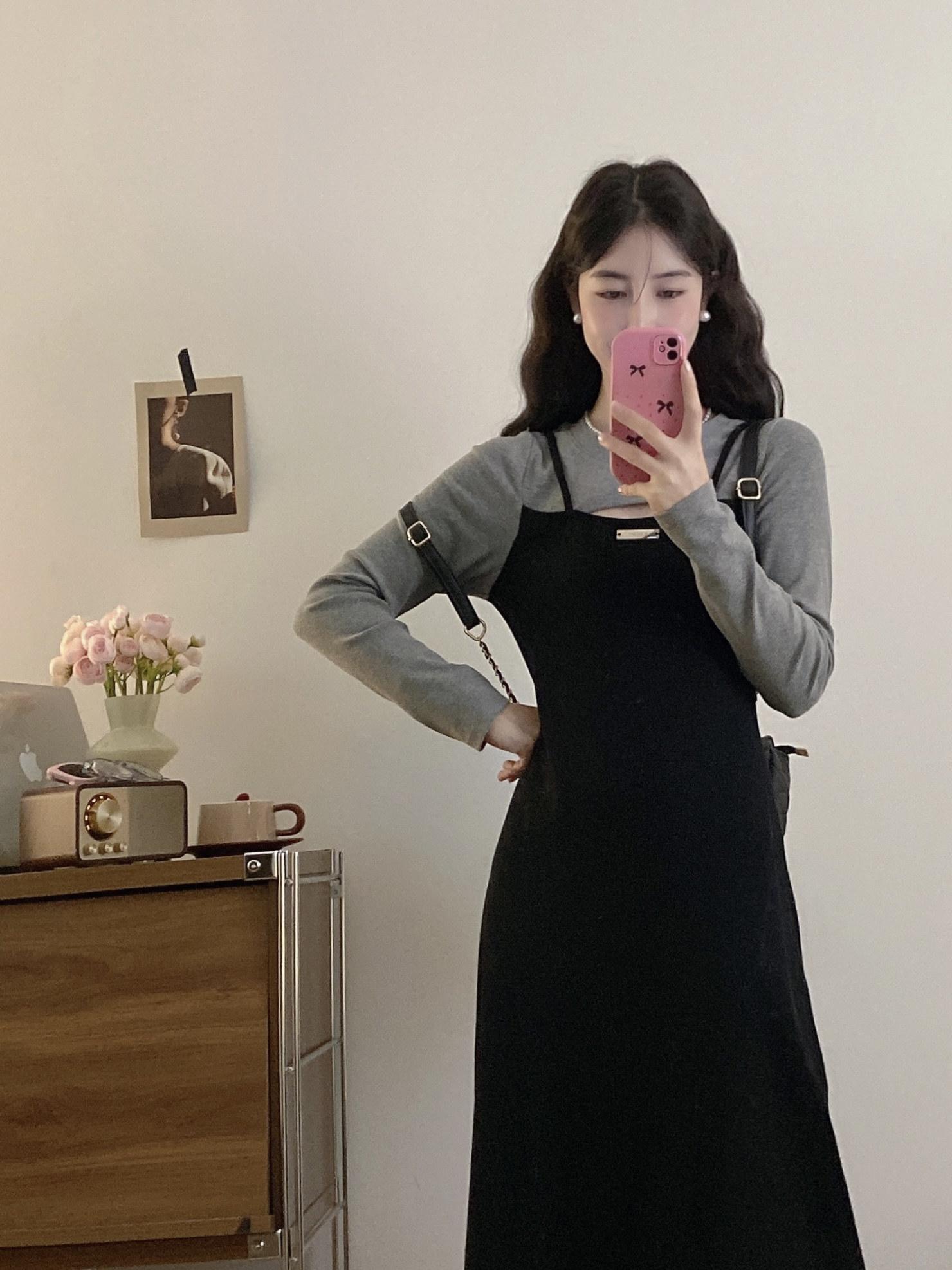 가을 빅사이즈 슬림핏 페이크 레이어링 원피스 - 상세 이미지 2