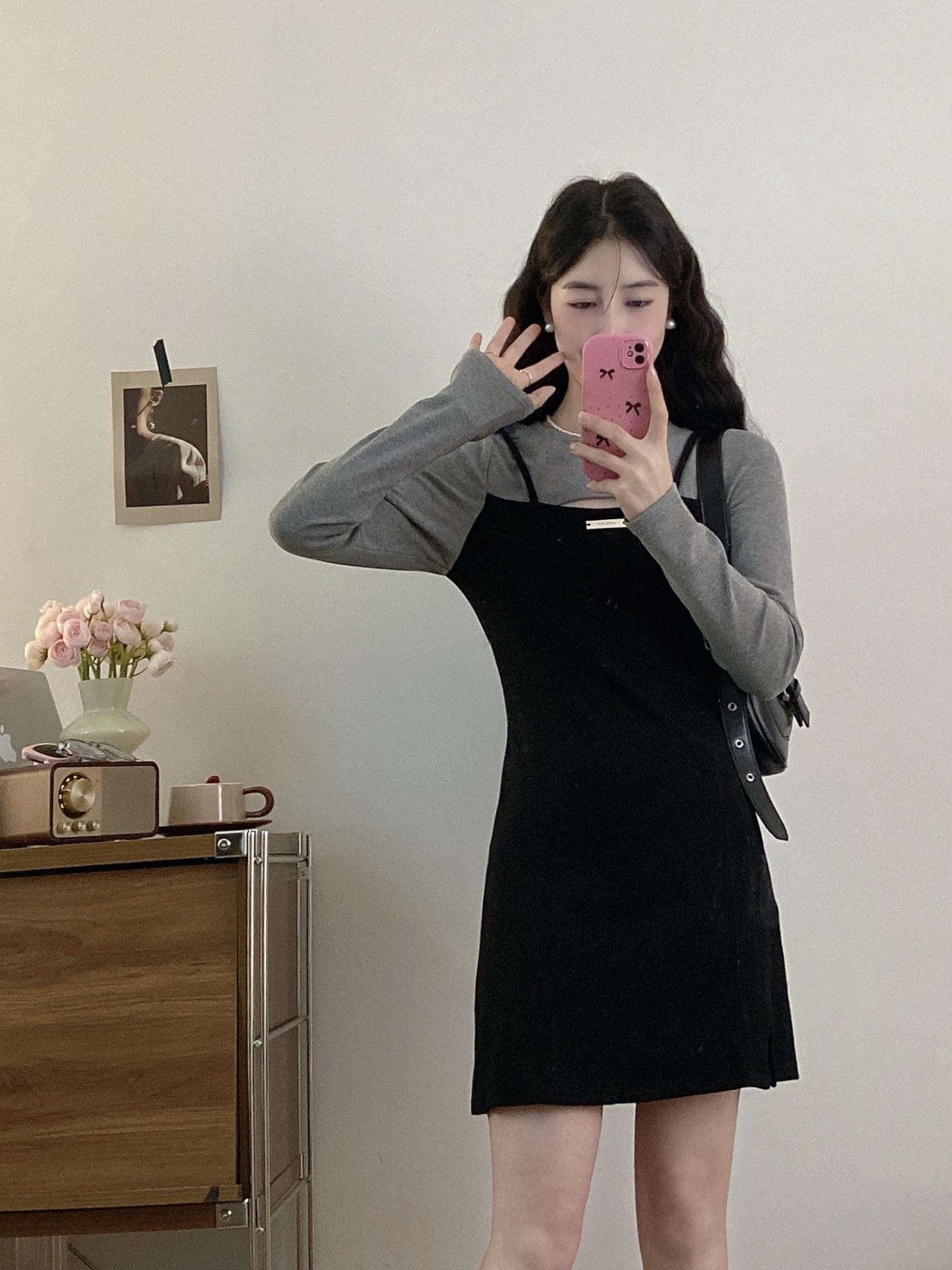 가을 빅사이즈 슬림핏 페이크 레이어링 원피스 - 상세 이미지 4