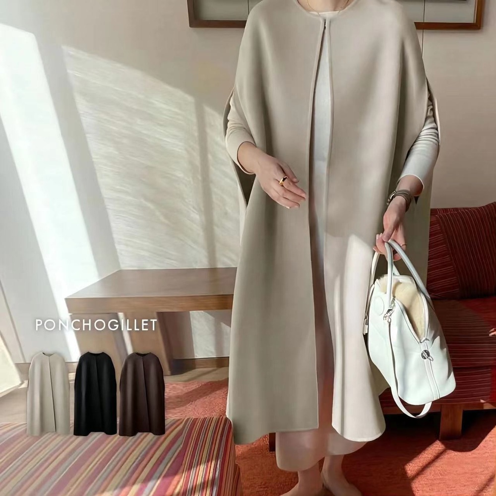 라운드넥 모직 롱베스트 프렌치스타일 조끼 코트 케이프 루즈핏 등원 중년 여성 5컬러 - 상품 이미지