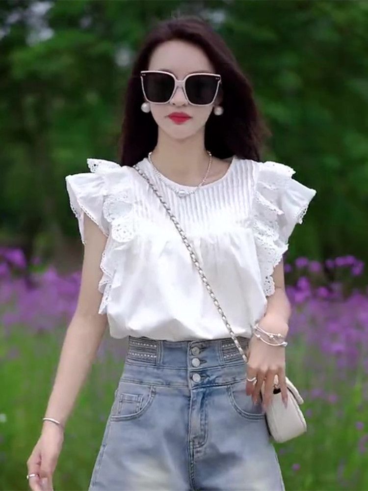 펀칭 티셔츠 여름 레이스 반팔 여성 프릴 나시 - 상품 이미지