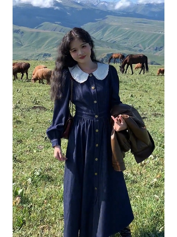 귀여운 화이트카라 데님원피스 빈티지 레트로 여친룩 데이트 봄 가을 예쁜 코디 드레스 - 상세 이미지 2