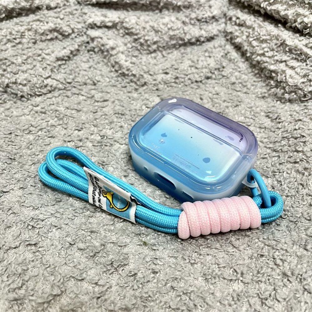 그라데이션 블루 퍼플 에어팟4 투명 케이스 로프 스트랩 Apple Airpods pro/pro2 세대 반투명 청보라색 그라데이션 + 팔찌 - 상품 이미지