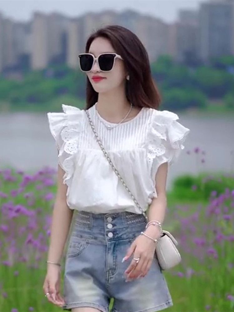 펀칭 티셔츠 여름 레이스 반팔 여성 프릴 나시 - 상세 이미지 2
