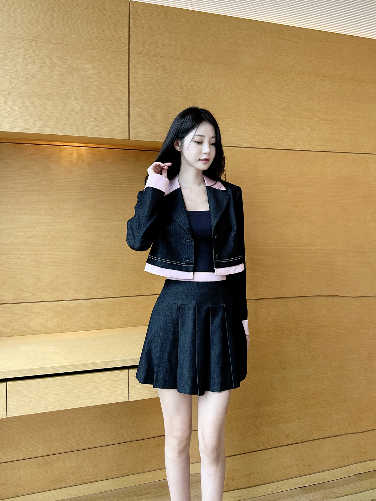 [수입] 미우 핑크 배색 카라 자켓 + 스커트 투피스 셋업 - 상세 이미지 5