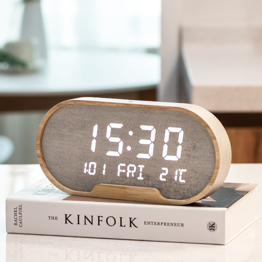 플라이토 우드 LED 알람 디지털 전자 탁상시계 무소음 인테리어 온도 날짜 캘린더 타원
