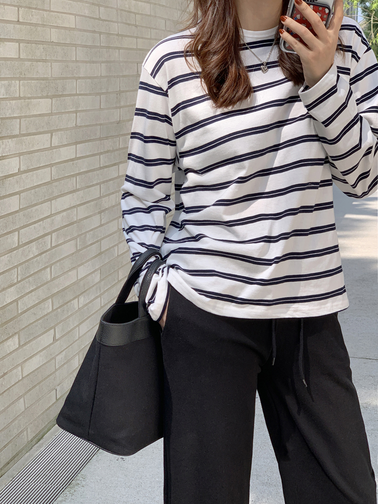 캐주얼 루즈핏 스트라이프 티셔츠 라운드 박스티 여성 티셔츠 코튼 여자 긴팔티 - 상세 이미지 5