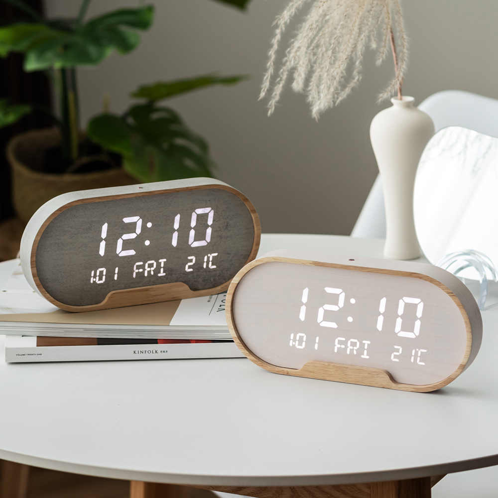 플라이토 우드 LED 알람 디지털 전자 탁상시계 무소음 인테리어 온도 날짜 캘린더 타원