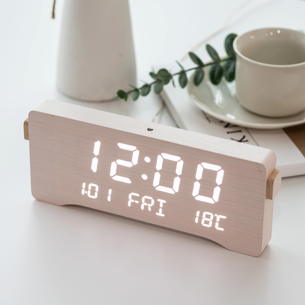 플라이토 우드 LED 알람 디지털 전자 탁상시계 무소음 인테리어 온도 날짜 캘린더 타원