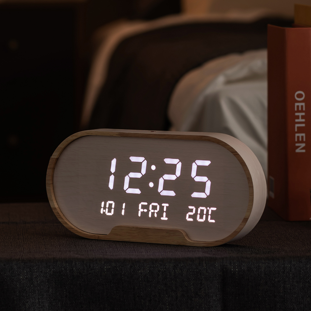 플라이토 우드 LED 알람 디지털 전자 탁상시계 무소음 인테리어 온도 날짜 캘린더 타원