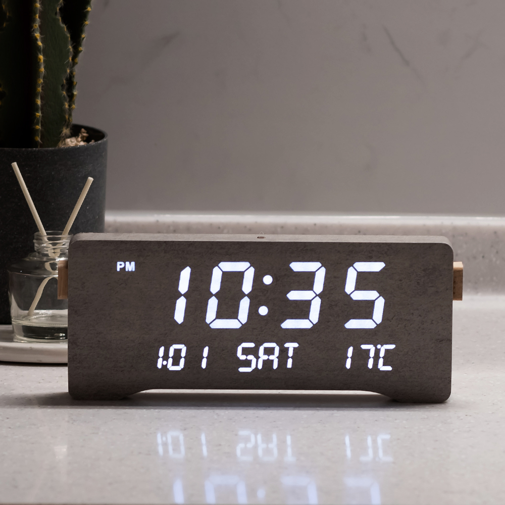 플라이토 우드 LED 알람 디지털 전자 탁상시계 무소음 인테리어 온도 날짜 캘린더 타원