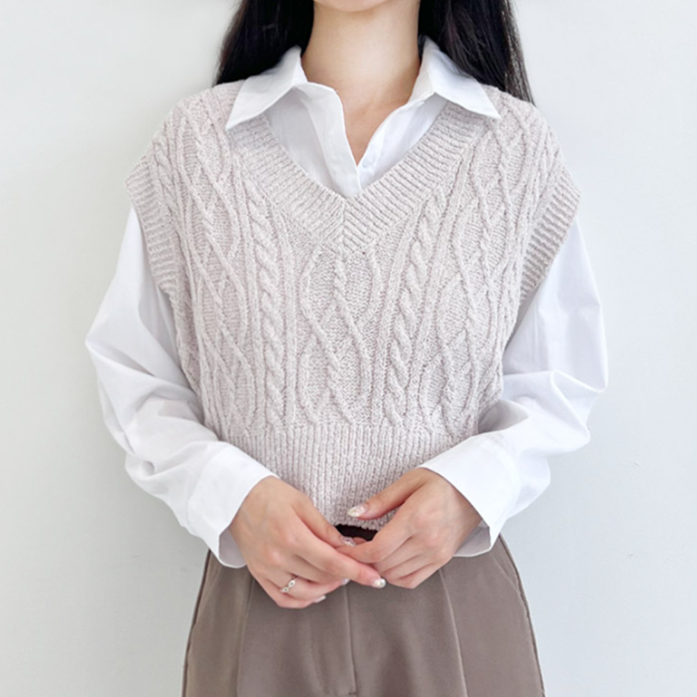 부클베스트 꼬임 꽈배기 케이블 크롭 레이어드 여성 니트 조끼 - 메인 이미지