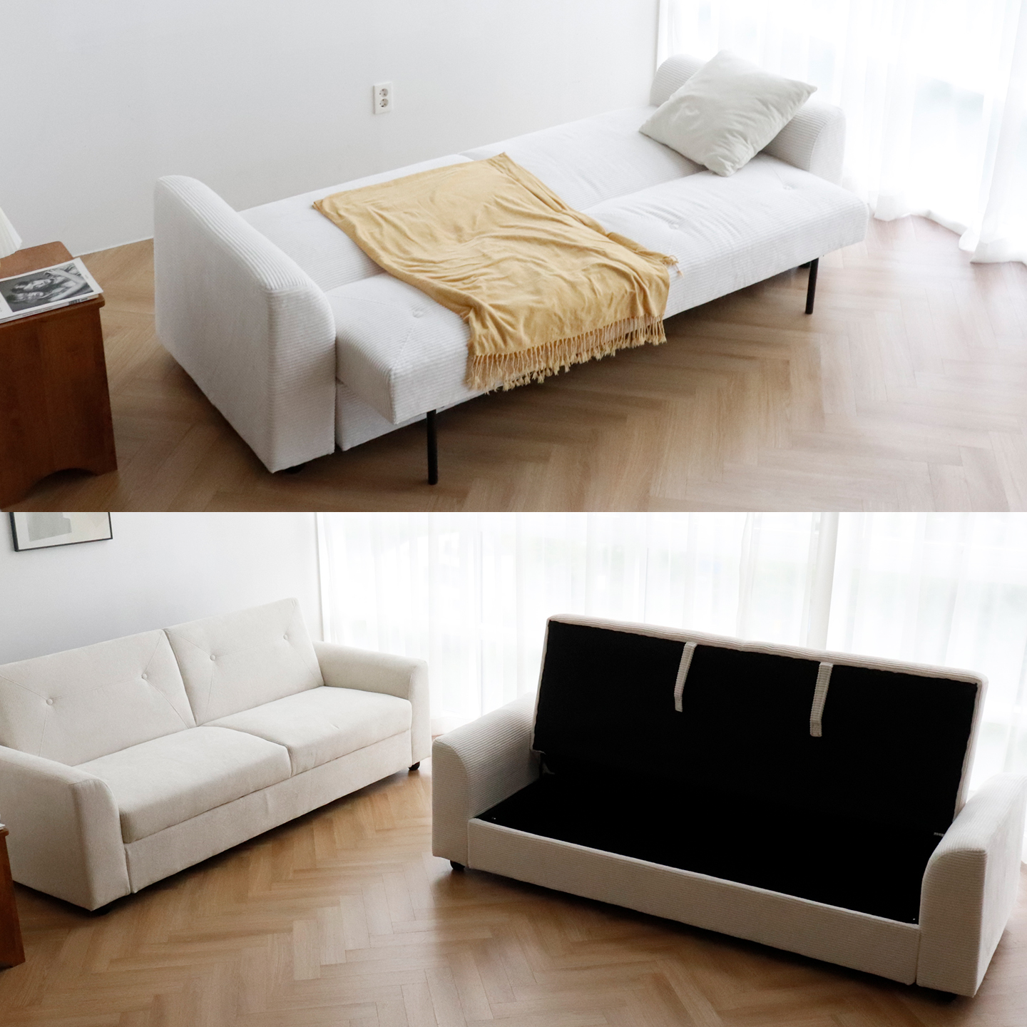 비알프렌드 포네 3인소파 각도조절 수납형 패브릭 소파베드 밍크골덴