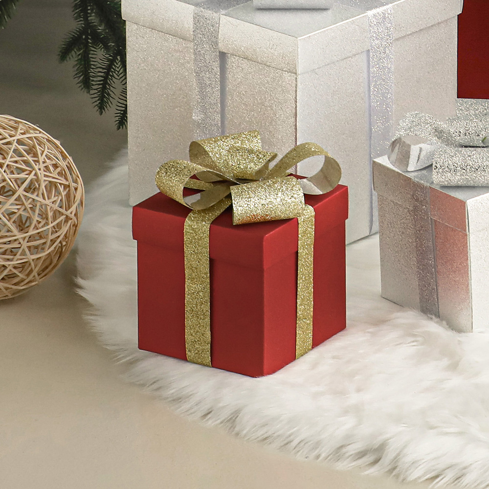 리본 글리터 인테리어 선물 공박스 DIY 상자 크리스마스 트리 장식 소품 S 15cm