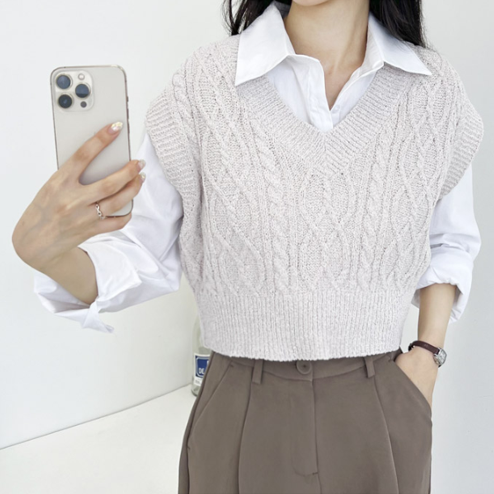 부클베스트 꼬임 꽈배기 케이블 크롭 레이어드 여성 니트 조끼 - 상세 이미지 3