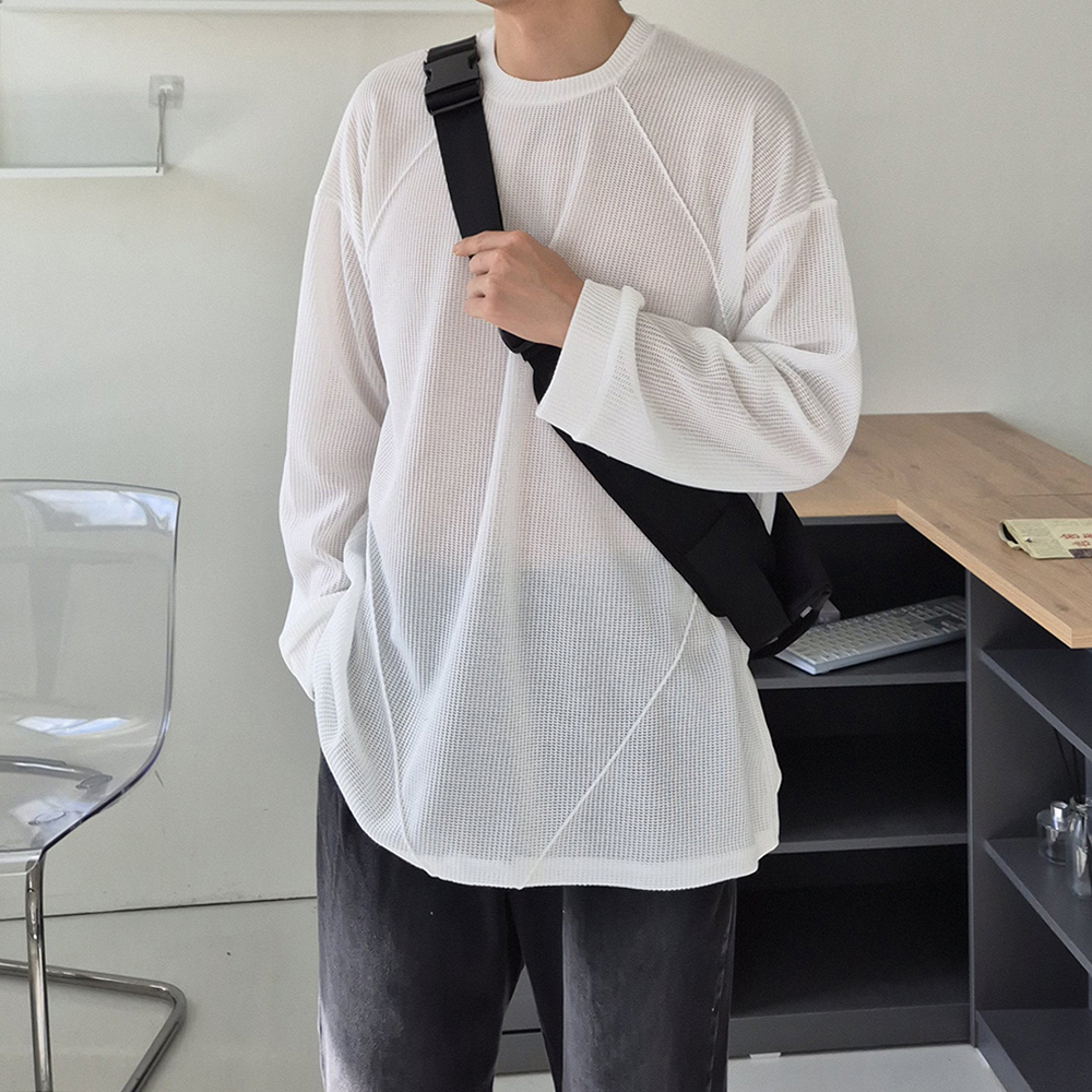 남자긴팔티 오버핏 흰색 이너 구김없는 티셔츠 - 상세 이미지 2