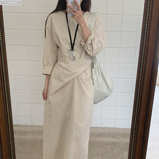블러 랩 바스락 허리끈 맥시 코튼 롱 원피스 3col봄 가을 루즈핏 라운드 제이플로우 이미지 7