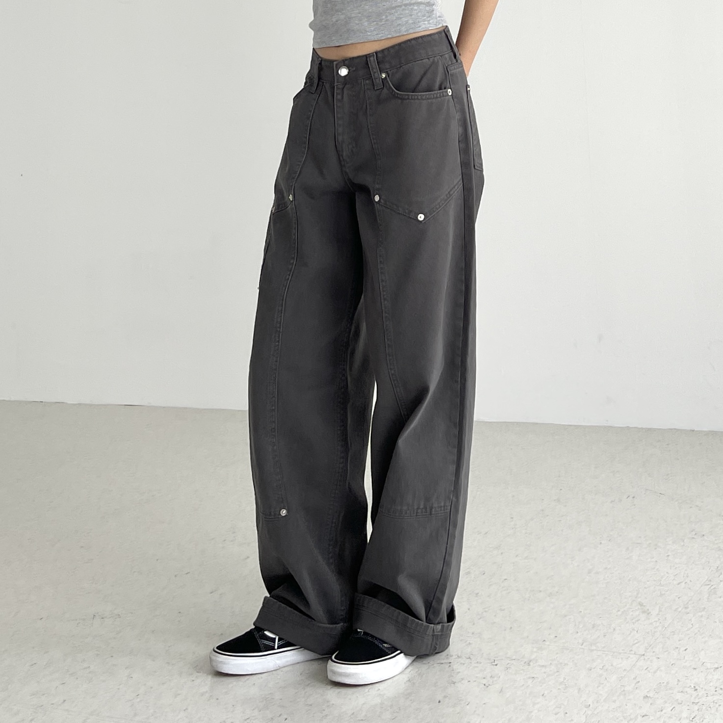 오오티제이 카펜터 여성 카고팬츠 세미와이드 일자 통 가을 로우라이즈 ootj바지 - 상세 이미지 3