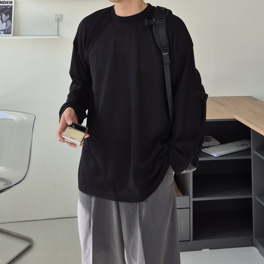 남자긴팔티 오버핏 흰색 이너 구김없는 티셔츠 - 상세 이미지 4