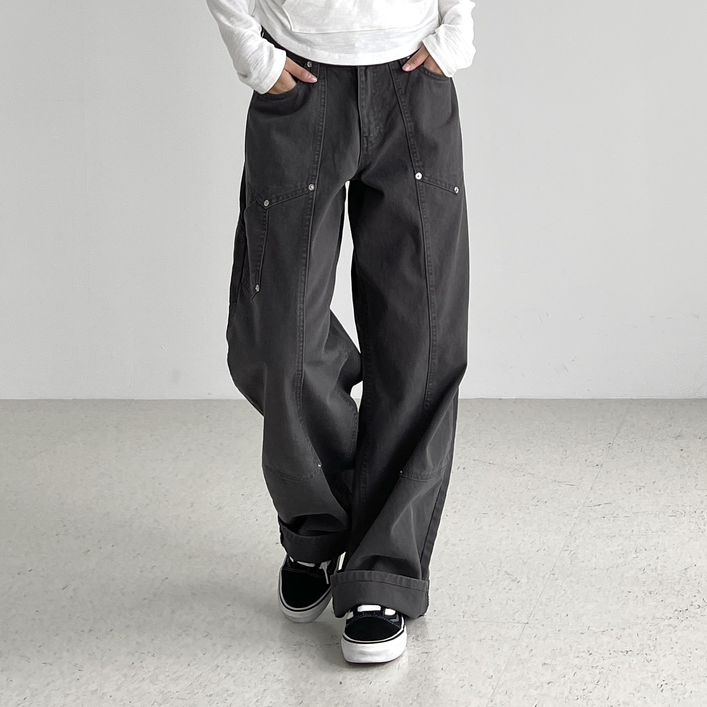 오오티제이 카펜터 여성 카고팬츠 세미와이드 일자 통 가을 로우라이즈 ootj바지 - 상세 이미지 2