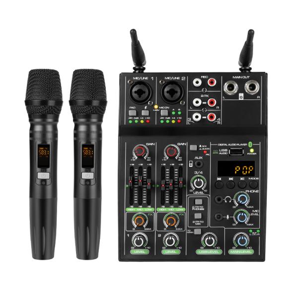 2CH 무선 블루투스 마이크 + 믹서 세트 USB 오토플레이 노이즈 감소 작곡 공연 연설 행사 노래방 UF4-M - 상품 이미지