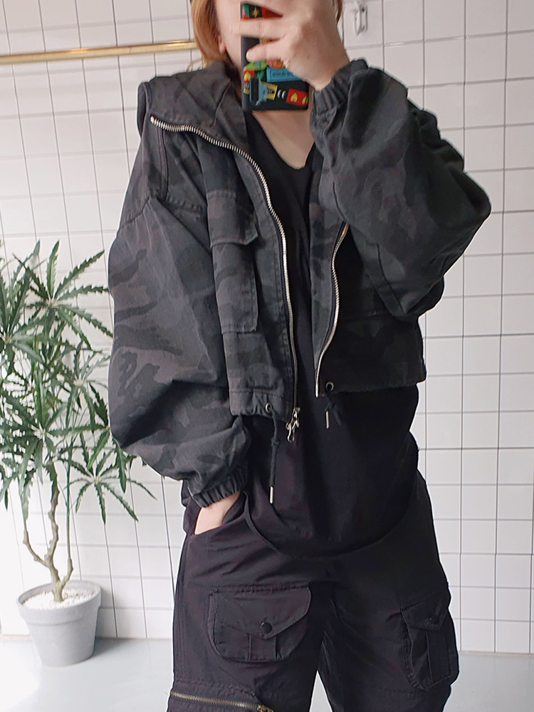 (무배) 카모 후드 크롭 점퍼